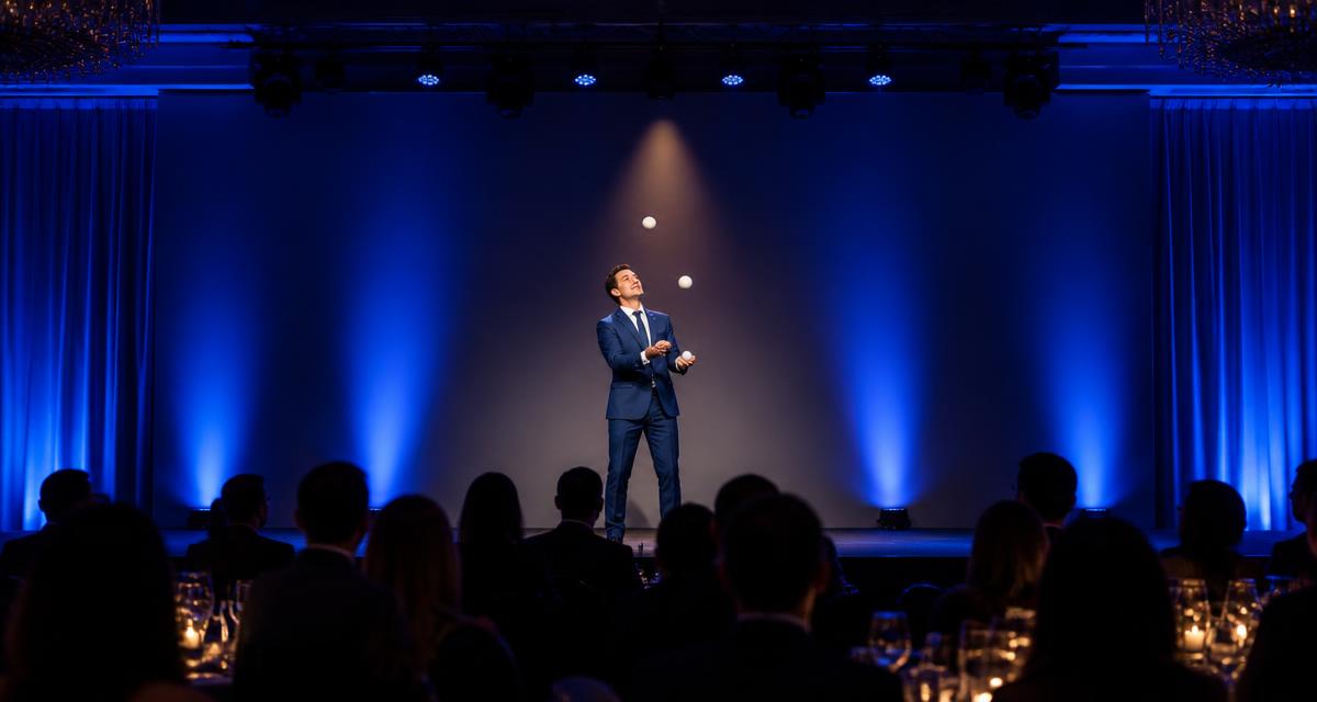 Bryan Fulton performing a comedy juggling set on a corporate ballroom stage